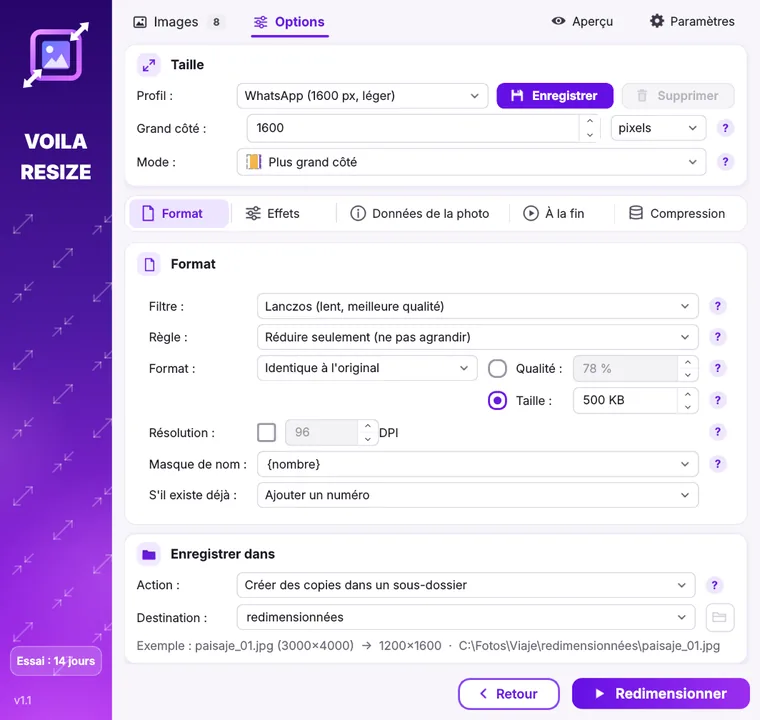 Fenêtre de Voila Resize avec les options de taille, de format et de destination