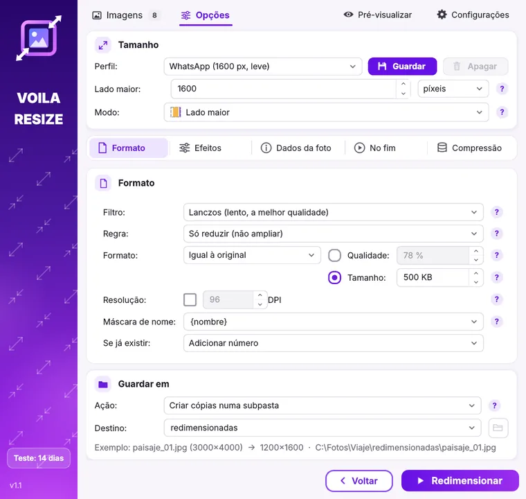 Janela do Voila Resize com as opções de tamanho, formato e destino