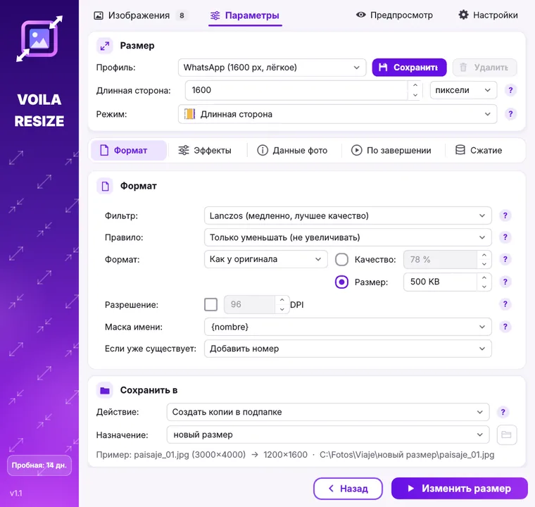 Окно Voila Resize с настройками размера, формата и папки